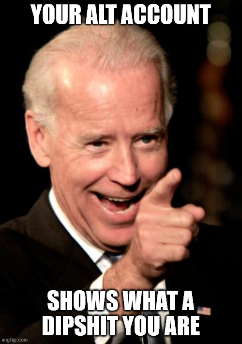 Smilin Biden Meme | YOUR ALT ACCOUNT SHOWS WHAT A DIPSHIT YOU ARE | image tagged in memes,smilin biden | made w/ Imgflip meme maker