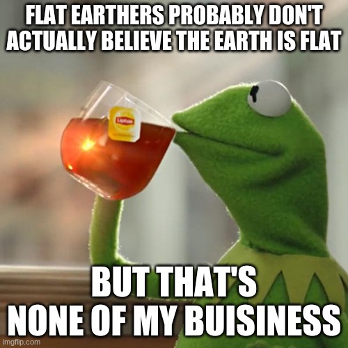 or maybe... | FLAT EARTHERS PROBABLY DON'T ACTUALLY BELIEVE THE EARTH IS FLAT; BUT THAT'S NONE OF MY BUISINESS | image tagged in memes,but that's none of my business,kermit the frog,flat earthers,flat earth,round earth | made w/ Imgflip meme maker
