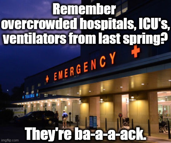 Trump told you it was a hoax. He knew he was lying at the time. It's not a hoax. | Remember 
overcrowded hospitals, ICU's, ventilators from last spring? They're ba-a-a-ack. | image tagged in hospital emergency entrance night,hospital,crowd,illness,disease,pandemic | made w/ Imgflip meme maker