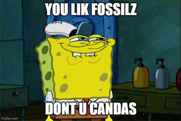 Don't You Squidward Meme | YOU LIK FOSSILZ DONT U CANDAS | image tagged in memes,don't you squidward | made w/ Imgflip meme maker