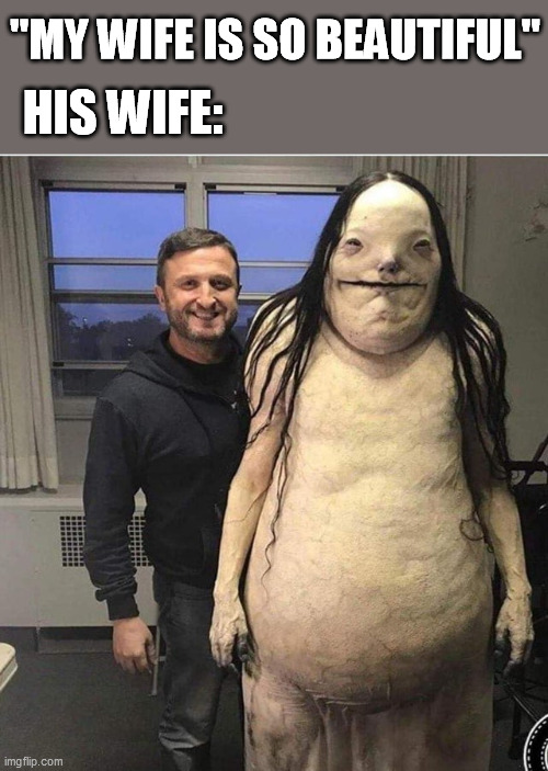 HIS WIFE:; ''MY WIFE IS SO BEAUTIFUL'' | image tagged in wife,beautiful | made w/ Imgflip meme maker