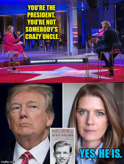 Crazier than you know, Savannah. | YOU'RE THE 
PRESIDENT.  
YOU'RE NOT 
SOMEBODY'S 
CRAZY UNCLE. YES, HE IS. | image tagged in savannah guthrie,donald trump,mary l trump | made w/ Imgflip meme maker