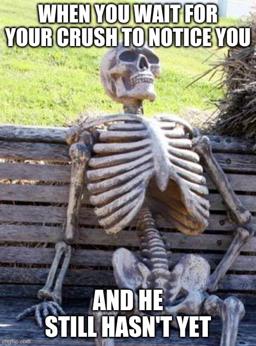 Waiting Skeleton Meme | WHEN YOU WAIT FOR YOUR CRUSH TO NOTICE YOU; AND HE STILL HASN'T YET | image tagged in memes,waiting skeleton | made w/ Imgflip meme maker