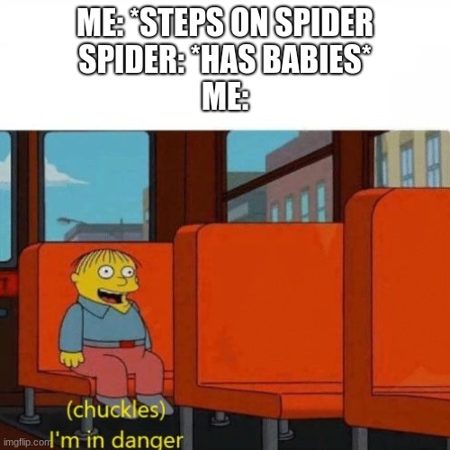 oh crap | ME: *STEPS ON SPIDER
SPIDER: *HAS BABIES*
ME: | image tagged in chuckles i m in danger,spider | made w/ Imgflip meme maker
