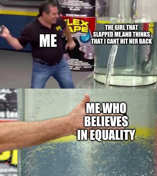 eqaulity is amazing | THE GIRL THAT SLAPPED ME,AND THINKS THAT I CANT HIT HER BACK; ME; ME WHO BELIEVES IN EQUALITY | image tagged in flex tape | made w/ Imgflip meme maker