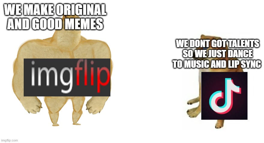 dont u agree |  WE MAKE ORIGINAL AND GOOD MEMES; WE DONT GOT TALENTS SO WE JUST DANCE TO MUSIC AND LIP SYNC | image tagged in buff doge vs crying cheems | made w/ Imgflip meme maker