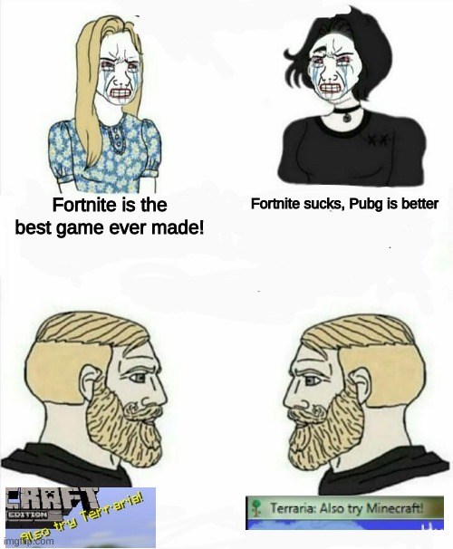 2 girls 2 chads | Fortnite is the best game ever made! Fortnite sucks, Pubg is better | image tagged in 2 girls 2 chads | made w/ Imgflip meme maker