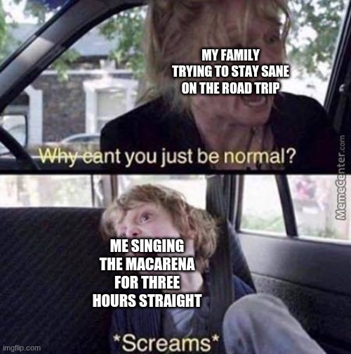 Why Can't You Just Be Normal | MY FAMILY TRYING TO STAY SANE ON THE ROAD TRIP; ME SINGING THE MACARENA FOR THREE HOURS STRAIGHT | image tagged in why can't you just be normal | made w/ Imgflip meme maker