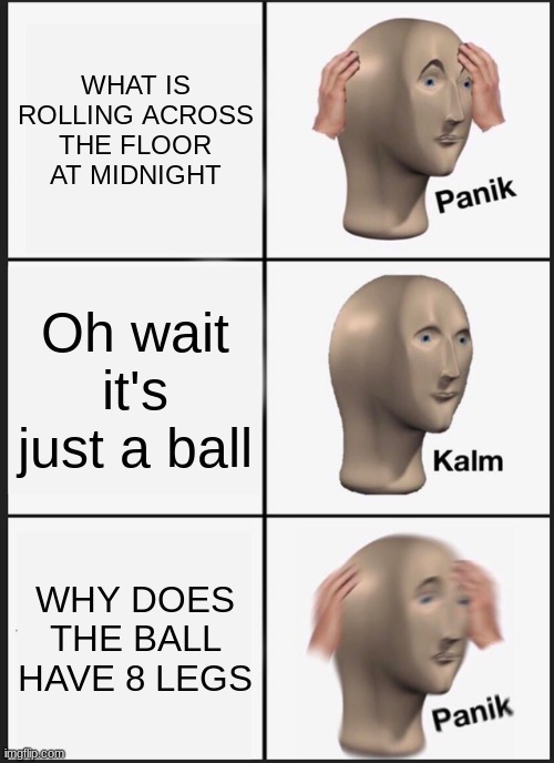 Panik Kalm Panik Meme | WHAT IS ROLLING ACROSS THE FLOOR AT MIDNIGHT; Oh wait it's just a ball; WHY DOES THE BALL HAVE 8 LEGS | image tagged in memes,panik kalm panik | made w/ Imgflip meme maker