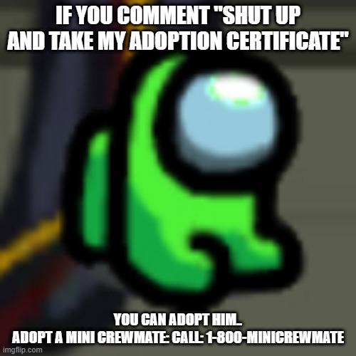 Pls adopt him.. | IF YOU COMMENT "SHUT UP AND TAKE MY ADOPTION CERTIFICATE"; YOU CAN ADOPT HIM..
ADOPT A MINI CREWMATE: CALL: 1-800-MINICREWMATE | image tagged in adopt him | made w/ Imgflip meme maker