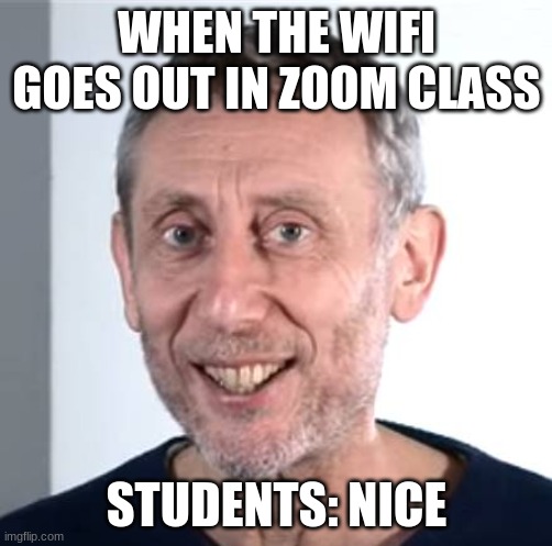 nice Michael Rosen | WHEN THE WIFI GOES OUT IN ZOOM CLASS; STUDENTS: NICE | image tagged in nice michael rosen | made w/ Imgflip meme maker