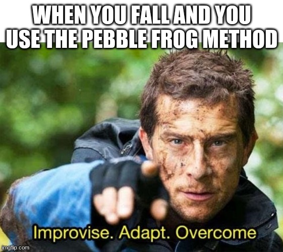 Bear Grylls Improvise Adapt Overcome | WHEN YOU FALL AND YOU USE THE PEBBLE FROG METHOD | image tagged in bear grylls improvise adapt overcome | made w/ Imgflip meme maker