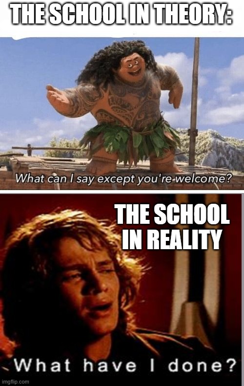 What can I say except you're welcome? | THE SCHOOL IN THEORY: THE SCHOOL IN REALITY | image tagged in what can i say except you're welcome | made w/ Imgflip meme maker
