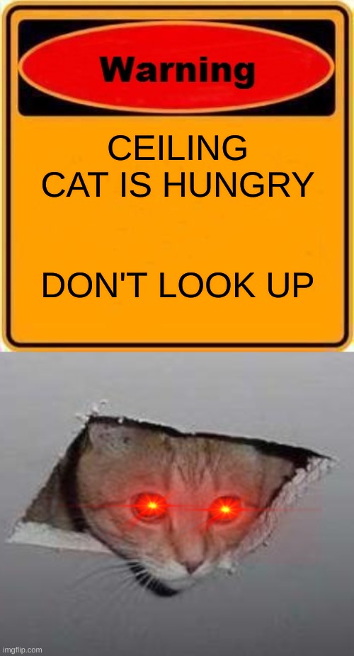 CEILING CAT IS HUNGRY; DON'T LOOK UP | image tagged in memes,warning sign,ceiling cat | made w/ Imgflip meme maker