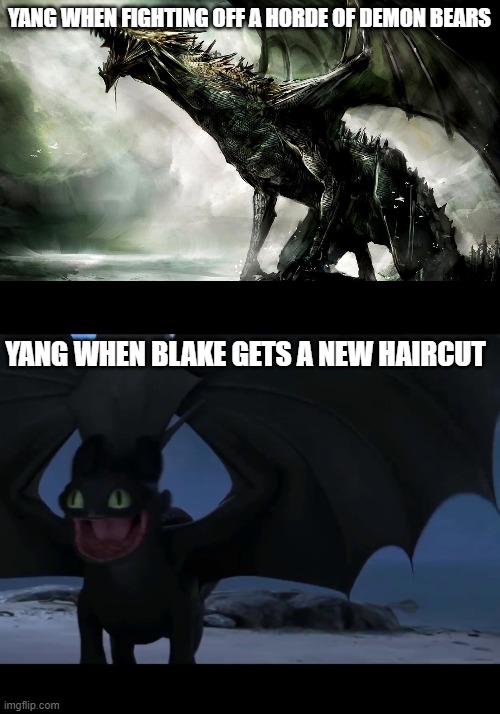 dorky dragon | YANG WHEN FIGHTING OFF A HORDE OF DEMON BEARS; YANG WHEN BLAKE GETS A NEW HAIRCUT | image tagged in rwby,httyd | made w/ Imgflip meme maker