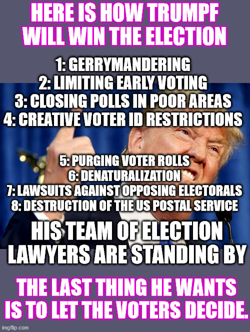 tRUMPf is guilty of voter suppression and voter intimidation. | HERE IS HOW TRUMPF WILL WIN THE ELECTION; 1: GERRYMANDERING
2: LIMITING EARLY VOTING
3: CLOSING POLLS IN POOR AREAS
4: CREATIVE VOTER ID RESTRICTIONS; 5: PURGING VOTER ROLLS
6: DENATURALIZATION
7: LAWSUITS AGAINST OPPOSING ELECTORALS
8: DESTRUCTION OF THE US POSTAL SERVICE; HIS TEAM OF ELECTION LAWYERS ARE STANDING BY; THE LAST THING HE WANTS IS TO LET THE VOTERS DECIDE. | image tagged in donald trump,voter suppression | made w/ Imgflip meme maker