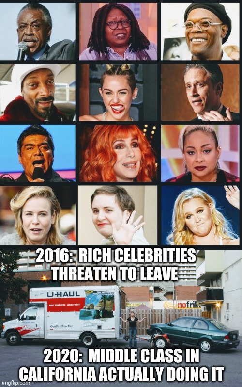 Bye California... | 2016:  RICH CELEBRITIES THREATEN TO LEAVE; 2020:  MIDDLE CLASS IN CALIFORNIA ACTUALLY DOING IT | image tagged in newsom,garcetti,california,election 2020,donald trump,pelosi | made w/ Imgflip meme maker