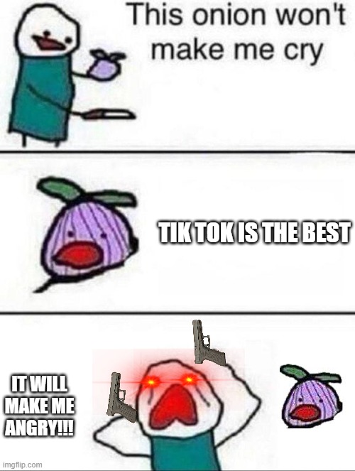 A N G E R Y | TIK TOK IS THE BEST; IT WILL MAKE ME ANGRY!!! | image tagged in this onion wont make me cry | made w/ Imgflip meme maker