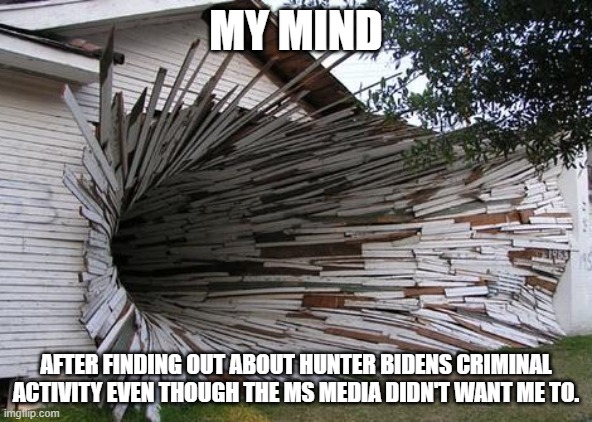Main Stream media Hiding the TRUTH. | MY MIND; AFTER FINDING OUT ABOUT HUNTER BIDENS CRIMINAL ACTIVITY EVEN THOUGH THE MS MEDIA DIDN'T WANT ME TO. | image tagged in hunter biden,main stream media,criminal democrats,joe biden | made w/ Imgflip meme maker