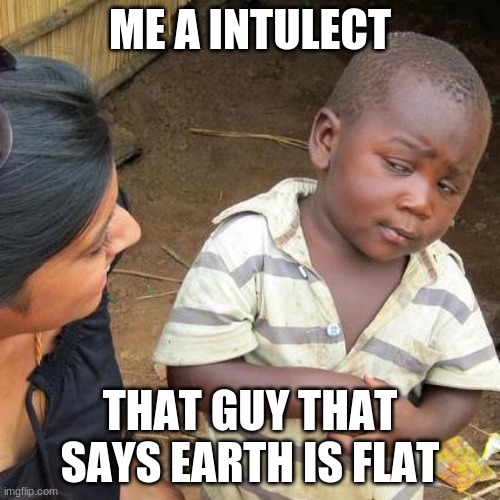 Third World Skeptical Kid Meme | ME A INTULECT; THAT GUY THAT SAYS EARTH IS FLAT | image tagged in memes,third world skeptical kid | made w/ Imgflip meme maker