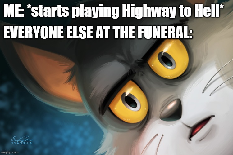 You Ain't Going to Heaven! | ME: *starts playing Highway to Hell*; EVERYONE ELSE AT THE FUNERAL: | image tagged in unsettled tom stylized,highway to hell | made w/ Imgflip meme maker