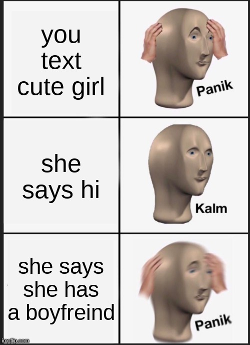 Panik Kalm Panik Meme | you text cute girl; she says hi; she says she has a boyfreind | image tagged in memes,panik kalm panik | made w/ Imgflip meme maker