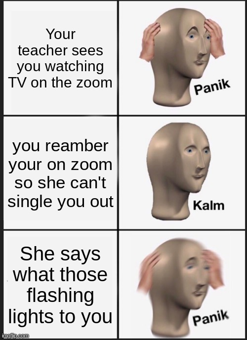 zoom calls be like | Your teacher sees you watching TV on the zoom; you reamber your on zoom so she can't single you out; She says what those flashing lights to you | image tagged in memes,panik kalm panik | made w/ Imgflip meme maker