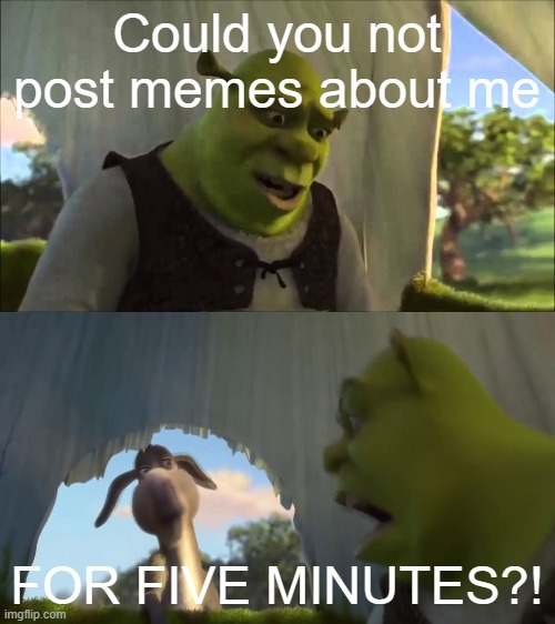 shrek five minutes | Could you not post memes about me FOR FIVE MINUTES?! | image tagged in shrek five minutes | made w/ Imgflip meme maker