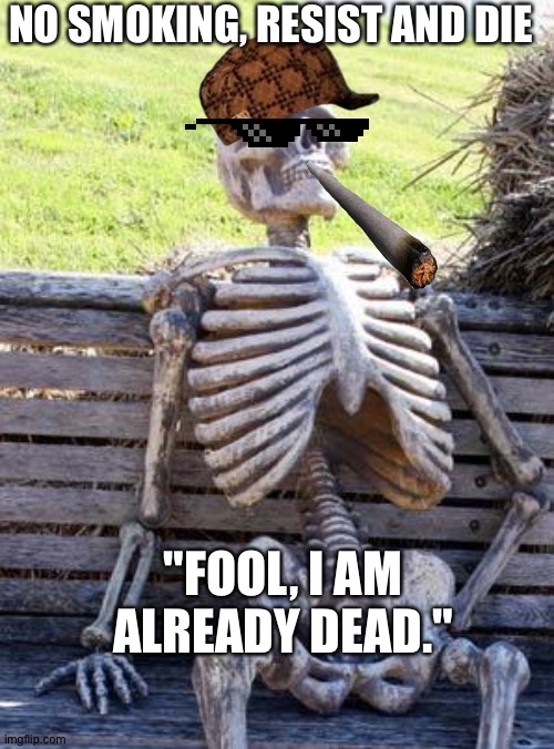 No smoking | NO SMOKING, RESIST AND DIE; "FOOL, I AM ALREADY DEAD." | image tagged in memes,waiting skeleton | made w/ Imgflip meme maker