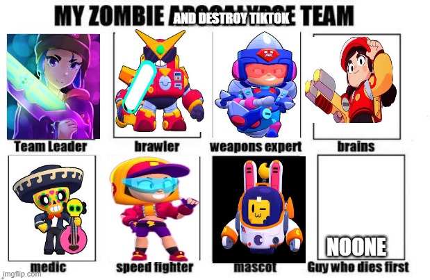 my elite team to destroy tiktok has been formed | AND DESTROY TIKTOK; NOONE | image tagged in zombie team | made w/ Imgflip meme maker