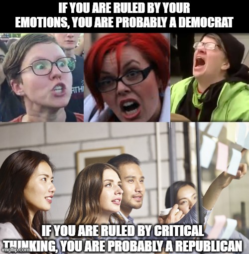 We need more critical thinkers out there! | IF YOU ARE RULED BY YOUR EMOTIONS, YOU ARE PROBABLY A DEMOCRAT; IF YOU ARE RULED BY CRITICAL THINKING, YOU ARE PROBABLY A REPUBLICAN | image tagged in demoncrats,memes,politics,critical thinking | made w/ Imgflip meme maker