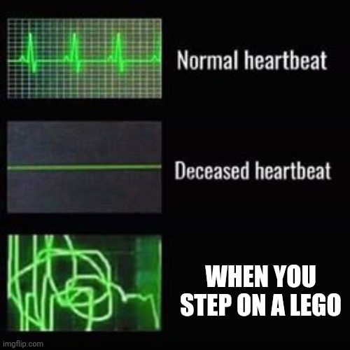 heartbeat rate | WHEN YOU STEP ON A LEGO | image tagged in heartbeat rate | made w/ Imgflip meme maker