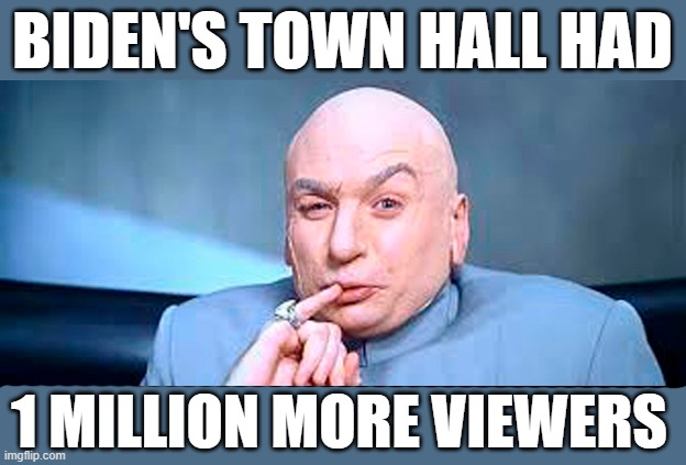 Biden's town hall beats Trump's in ratings | BIDEN'S TOWN HALL HAD; 1 MILLION MORE VIEWERS | image tagged in joe biden,donald trump,town hall,ratings,biden beats trump | made w/ Imgflip meme maker