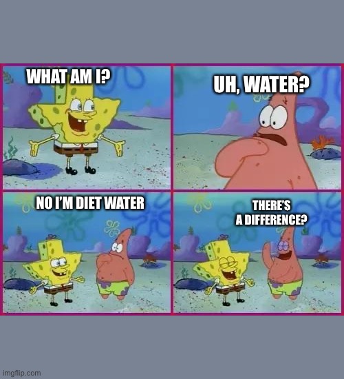 Texas Spongebob | WHAT AM I? UH, WATER? NO I’M DIET WATER THERE’S A DIFFERENCE? | image tagged in texas spongebob | made w/ Imgflip meme maker