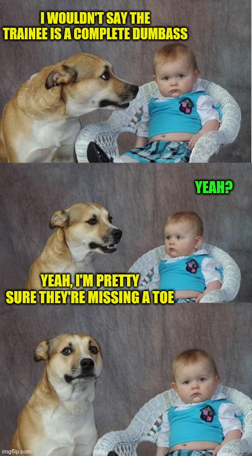 Bad joke dog | I WOULDN'T SAY THE TRAINEE IS A COMPLETE DUMBASS; YEAH? YEAH, I'M PRETTY SURE THEY'RE MISSING A TOE | image tagged in bad joke dog | made w/ Imgflip meme maker