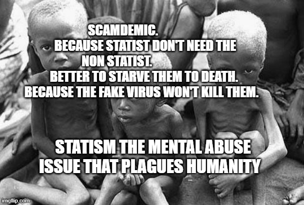 starving africans | SCAMDEMIC.                   BECAUSE STATIST DON'T NEED THE NON STATIST.                       BETTER TO STARVE THEM TO DEATH. BECAUSE THE FAKE VIRUS WON'T KILL THEM. STATISM THE MENTAL ABUSE ISSUE THAT PLAGUES HUMANITY | image tagged in starving africans | made w/ Imgflip meme maker