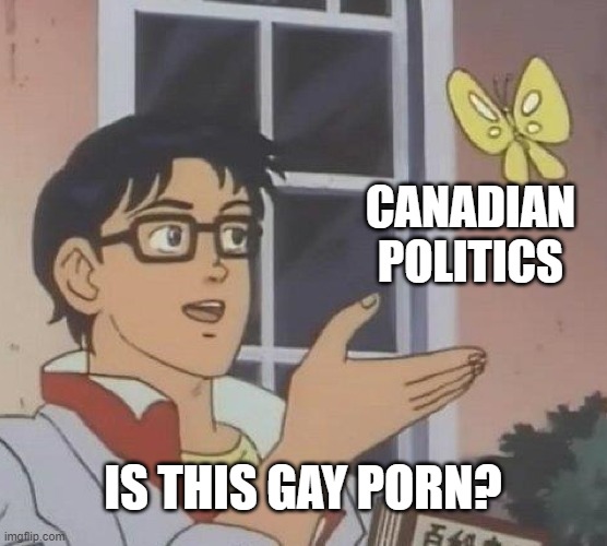 Is This A Pigeon Meme | CANADIAN POLITICS IS THIS GAY PORN? | image tagged in memes,is this a pigeon | made w/ Imgflip meme maker