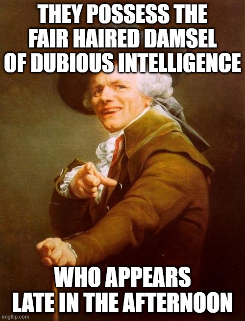 bubble headed bleach blonde | THEY POSSESS THE FAIR HAIRED DAMSEL OF DUBIOUS INTELLIGENCE; WHO APPEARS LATE IN THE AFTERNOON | image tagged in memes,joseph ducreux | made w/ Imgflip meme maker