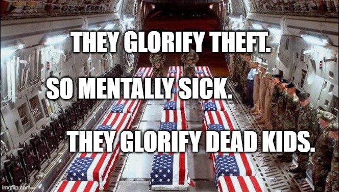 Military caskets | THEY GLORIFY THEFT. SO MENTALLY SICK.                                                            THEY GLORIFY DEAD KIDS. | image tagged in military caskets | made w/ Imgflip meme maker