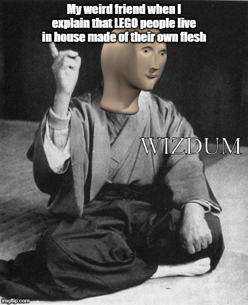 Wizdum | My weird friend when I explain that LEGO people live in house made of their own flesh | image tagged in wizdum | made w/ Imgflip meme maker