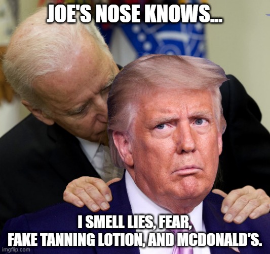 Joe's Nose Knows | JOE'S NOSE KNOWS... I SMELL LIES, FEAR,
FAKE TANNING LOTION, AND MCDONALD'S. | image tagged in biden sniffing trump,donald trump,joe biden,election 2020 | made w/ Imgflip meme maker