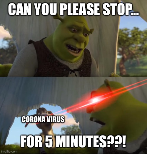 Shrek For Five Minutes | CAN YOU PLEASE STOP... FOR 5 MINUTES??! CORONA VIRUS | image tagged in shrek for five minutes,coronavirus | made w/ Imgflip meme maker