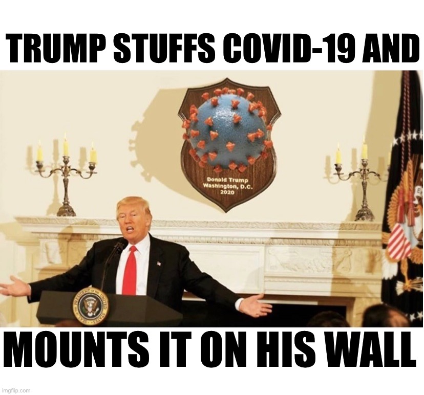 Not even the COVID could slow the man down.  The 74 year old has more energy than most 24 year olds. | TRUMP STUFFS COVID-19 AND; MOUNTS IT ON HIS WALL | image tagged in maga | made w/ Imgflip meme maker