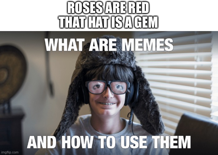 ROSES ARE RED
THAT HAT IS A GEM | image tagged in roses are red,memes | made w/ Imgflip meme maker