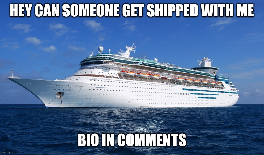 Bio in comments | HEY CAN SOMEONE GET SHIPPED WITH ME; BIO IN COMMENTS | image tagged in cruise ship | made w/ Imgflip meme maker