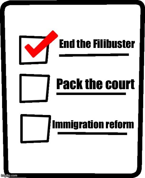 Very partial list of Democratic priorities. [If we win!] | End the Filibuster; Pack the court; Immigration reform | image tagged in checklist | made w/ Imgflip meme maker