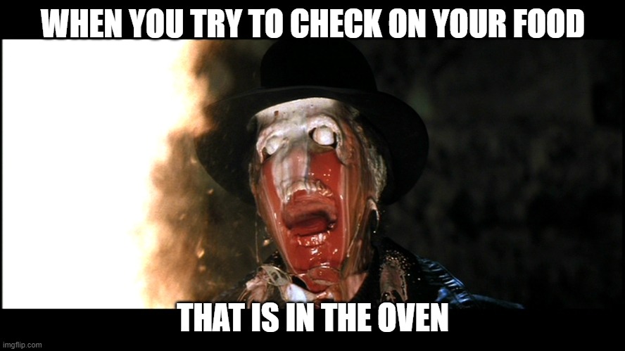 Indiana Jones Face Melt | WHEN YOU TRY TO CHECK ON YOUR FOOD; THAT IS IN THE OVEN | image tagged in indiana jones face melt | made w/ Imgflip meme maker