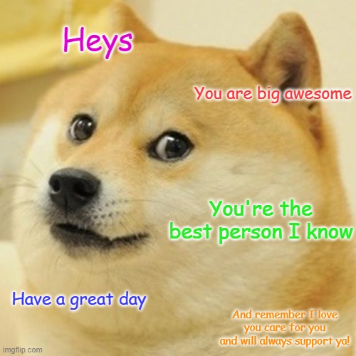 Doge Meme | Heys; You are big awesome; You're the best person I know; Have a great day; And remember I love you care for you and will always support ya! | image tagged in memes,doge | made w/ Imgflip meme maker