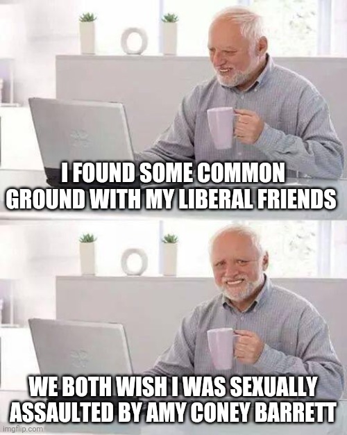 Hide the Pain Harold Meme | I FOUND SOME COMMON GROUND WITH MY LIBERAL FRIENDS; WE BOTH WISH I WAS SEXUALLY ASSAULTED BY AMY CONEY BARRETT | image tagged in memes,hide the pain harold | made w/ Imgflip meme maker