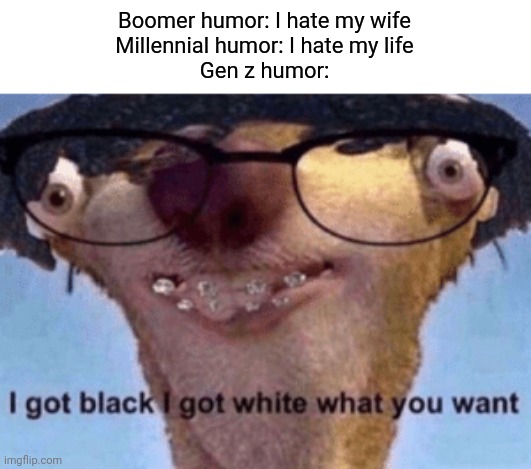 Yeet | Boomer humor: I hate my wife
Millennial humor: I hate my life
Gen z humor: | image tagged in i got black i got white what ya want,memes,funny memes | made w/ Imgflip meme maker